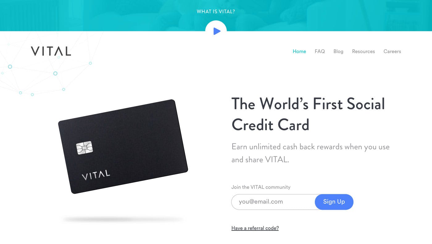 Early landing page for Vital Card